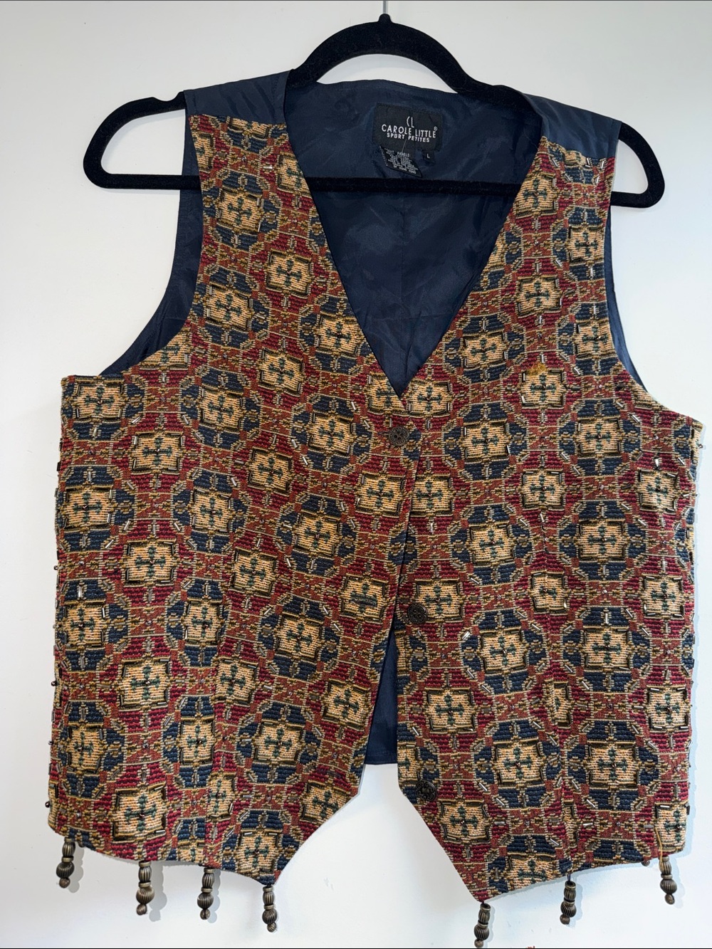 Vintage Carole Little Tapestry Vest with Beaded Tassels Women’s Large